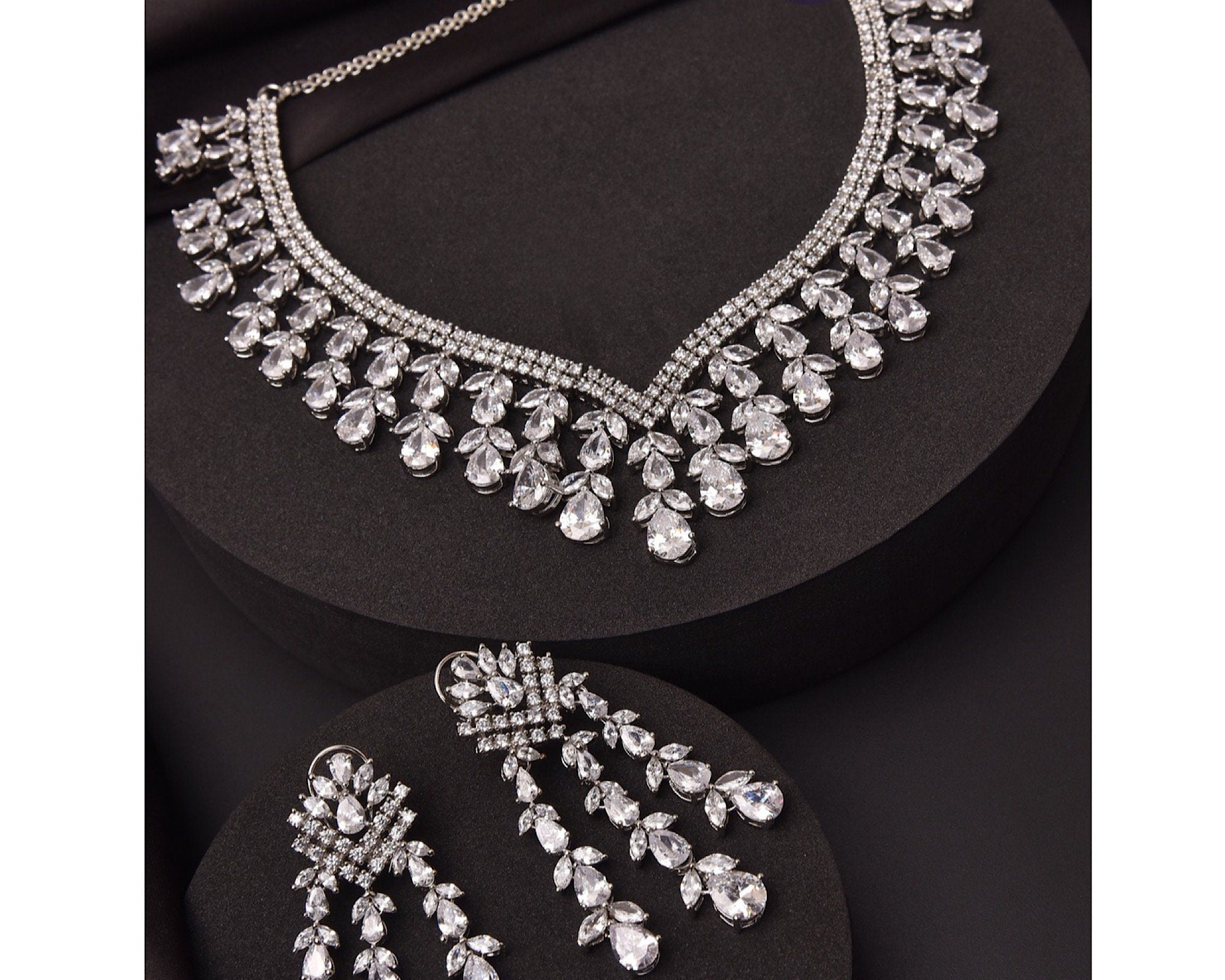 Pre Order Diana Silver Diamond Necklace With Earrings Wedding Jewelry for Brides Set American Diamond Necklace Set