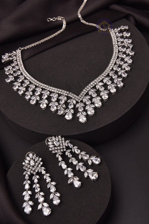 Pre Order Diana Silver Diamond Necklace With Earrings Wedding Jewelry for Brides Set American Diamond Necklace Set