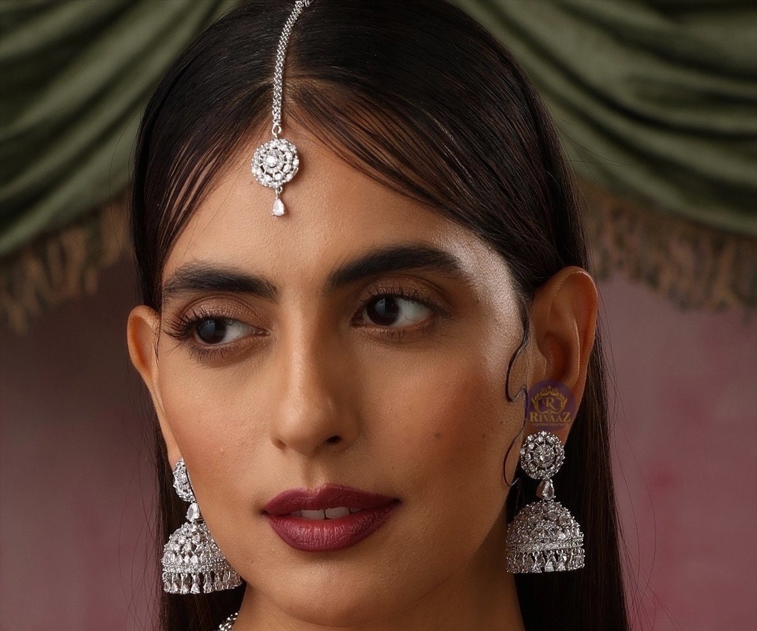 April Diamond Earring Tikka Set • Silver Maangtikka Set • CZ Jhumka Tikka Set •Indian Jewelry • Pakistani Jewelry • Punjabi Jewelry