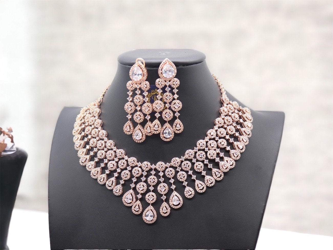 Rose Gold CZ Diamond Necklace / Indian Jewelry/ Indian CZ Necklace/ Pakistani Jewelry/ Statement Jewelry/ Crystal Jewelry / Bridal Jewelry