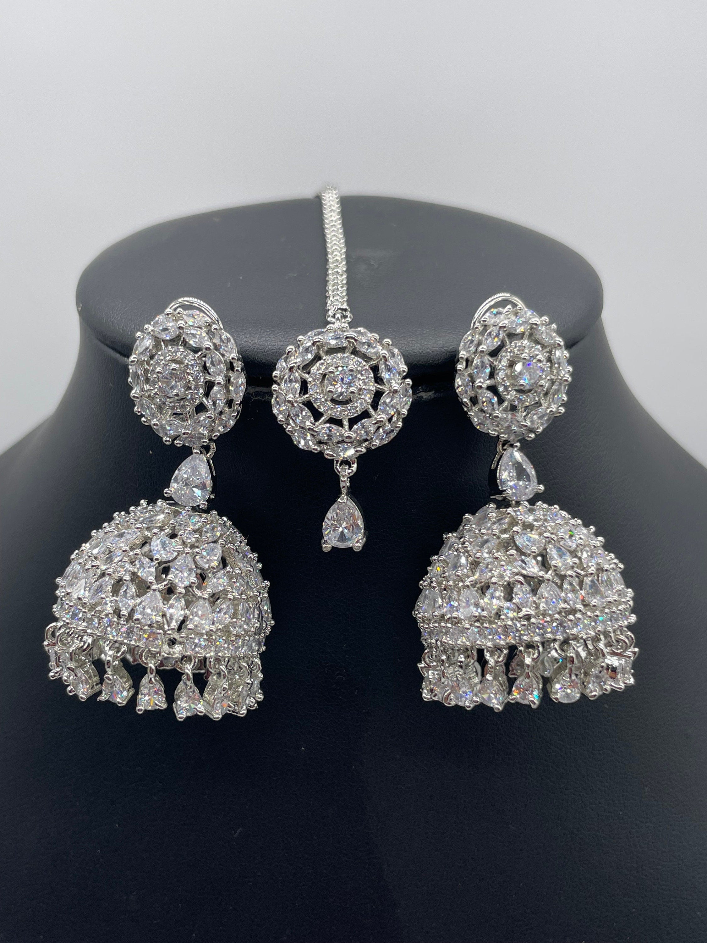 April Diamond Earring Tikka Set • Silver Maangtikka Set • CZ Jhumka Tikka Set •Indian Jewelry • Pakistani Jewelry • Punjabi Jewelry