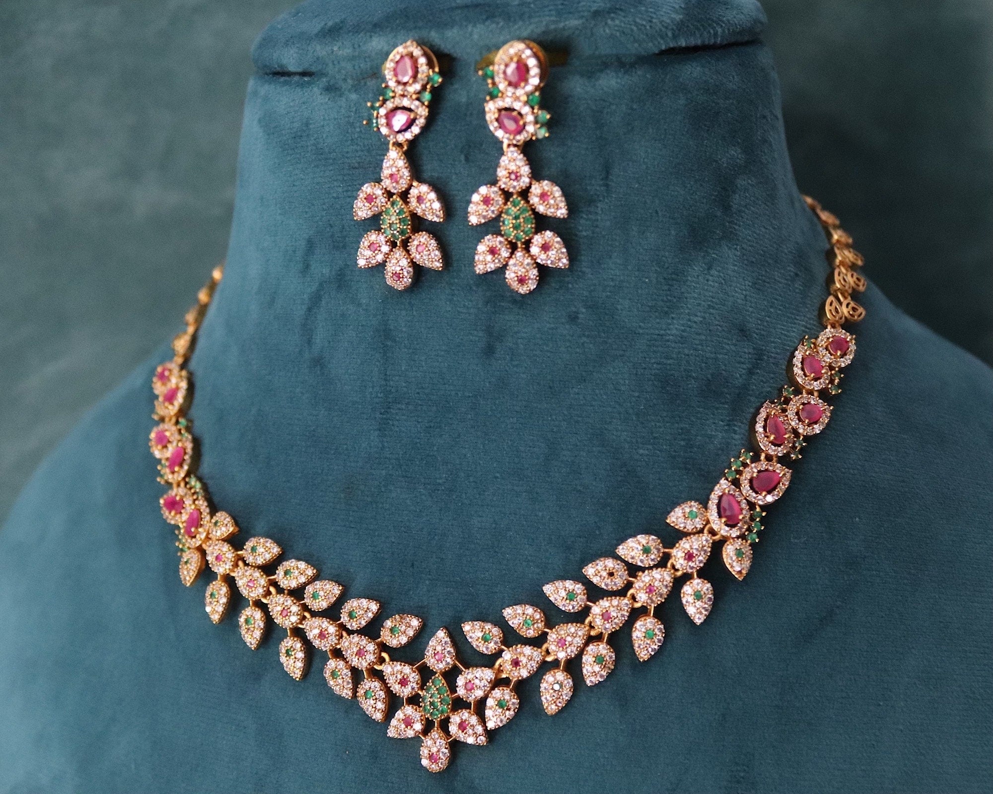 Hema Indian Necklace Set • Gold Indian Necklace • Indian Jewelry • Indian CZ Necklace • Indian Zirconia Necklace • Indian Ruby Necklace •