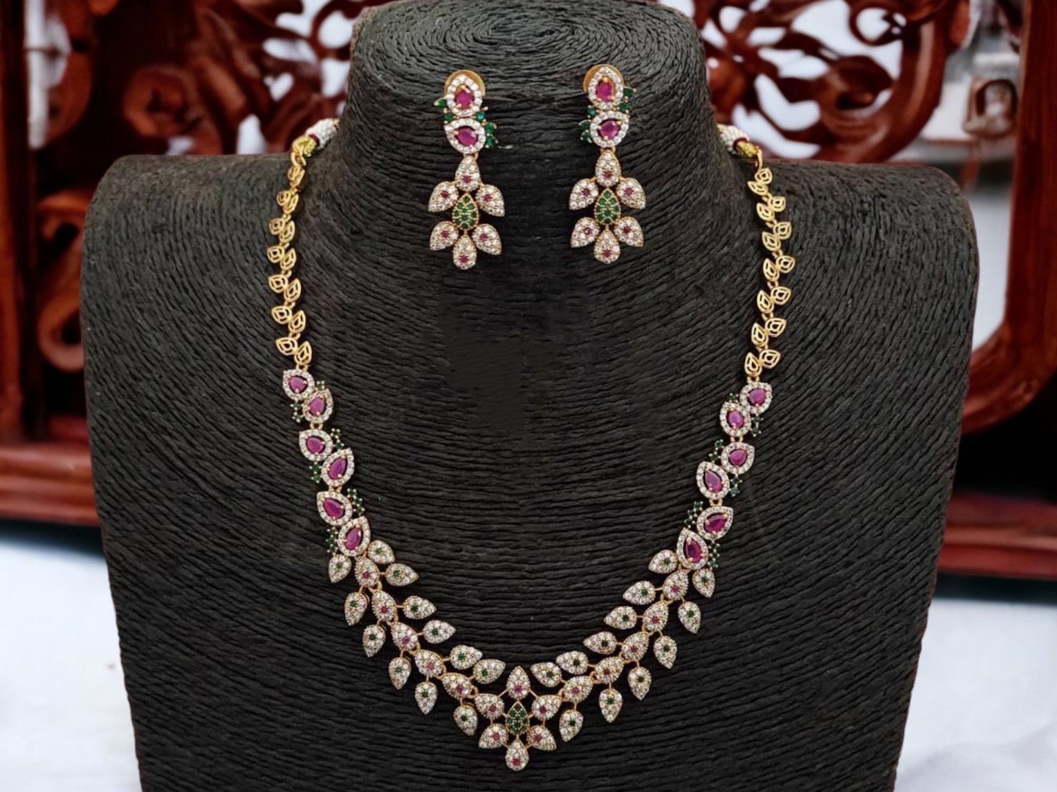 Hema Indian Necklace Set • Gold Indian Necklace • Indian Jewelry • Indian CZ Necklace • Indian Zirconia Necklace • Indian Ruby Necklace •