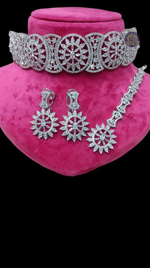 Silver Star Diamond Choker With EARRINGS AND tikka