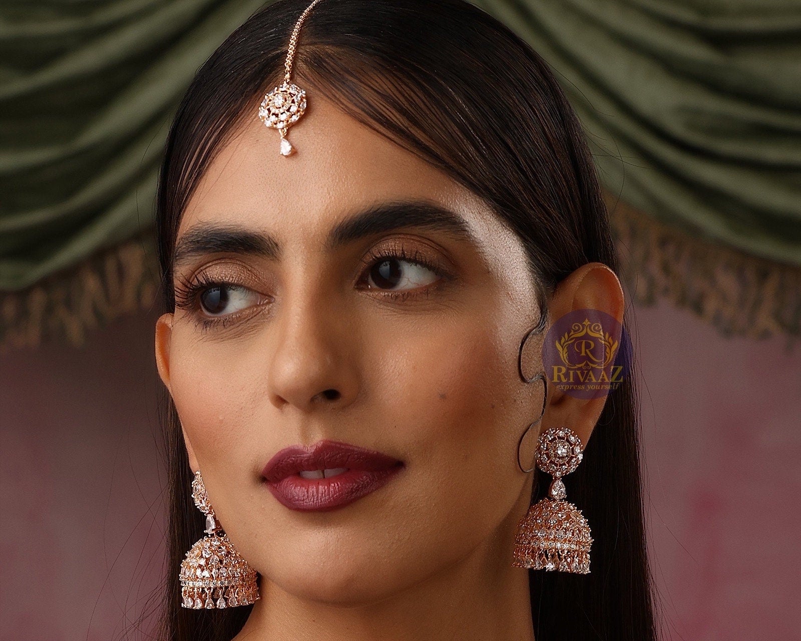 April Rose Gold Diamond Earring Tikka Set • Rose Gold Maangtikka Set • CZ Jhumka Tikka Set •Indian Jewelry • Pakistani Jewelry • Punjabi