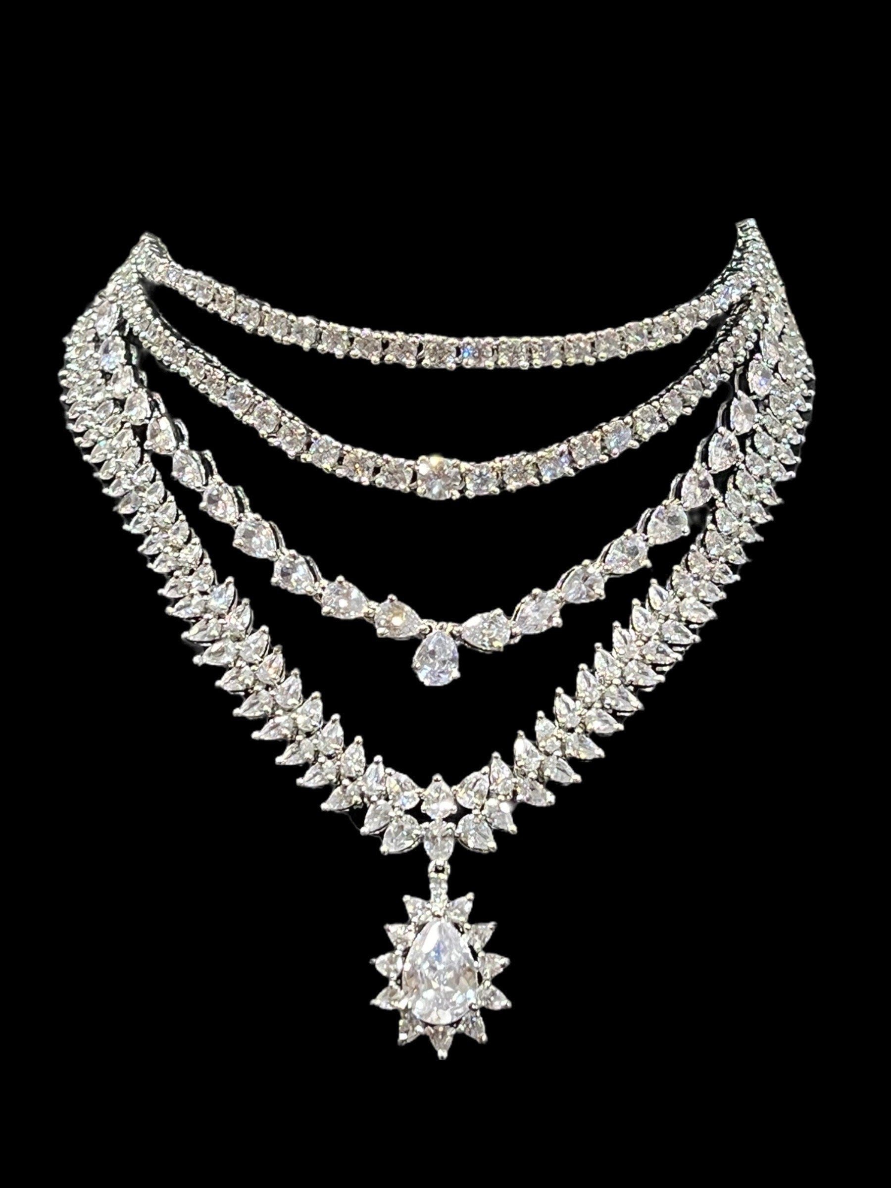 Multilayer Diamond CZ Necklace Statement Jewelry Statement Necklace American Diamond Necklace Indian Jewelry Necklace Set