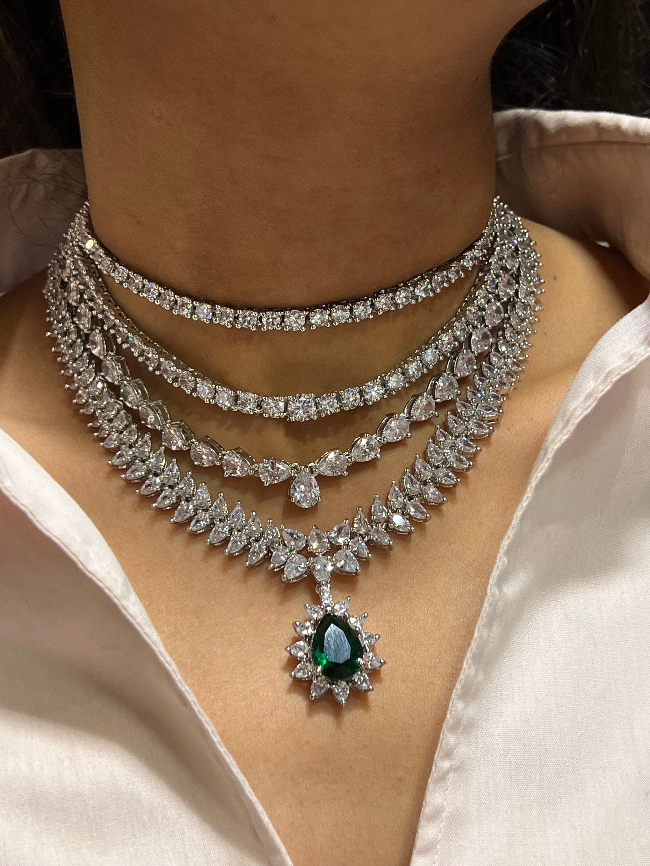 Emerald Multilayer Diamond CZ Necklace Statement Jewelry Statement Necklace American Diamond Necklace Indian Jewelry Necklace Set