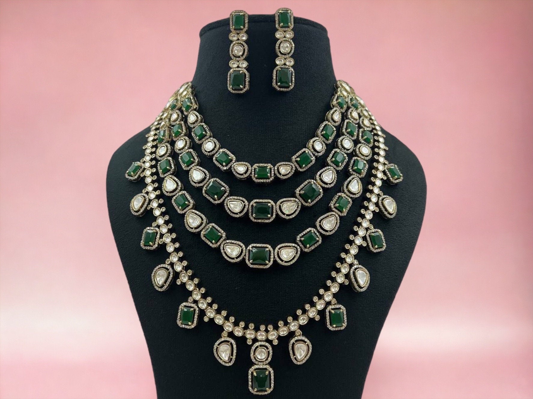 Emerald Moissanite Bridal Set Emerald CZ Necklace Indian Bridal Jewelry Indian Jewelry Emerald Diamond Necklace American Diamond Necklace