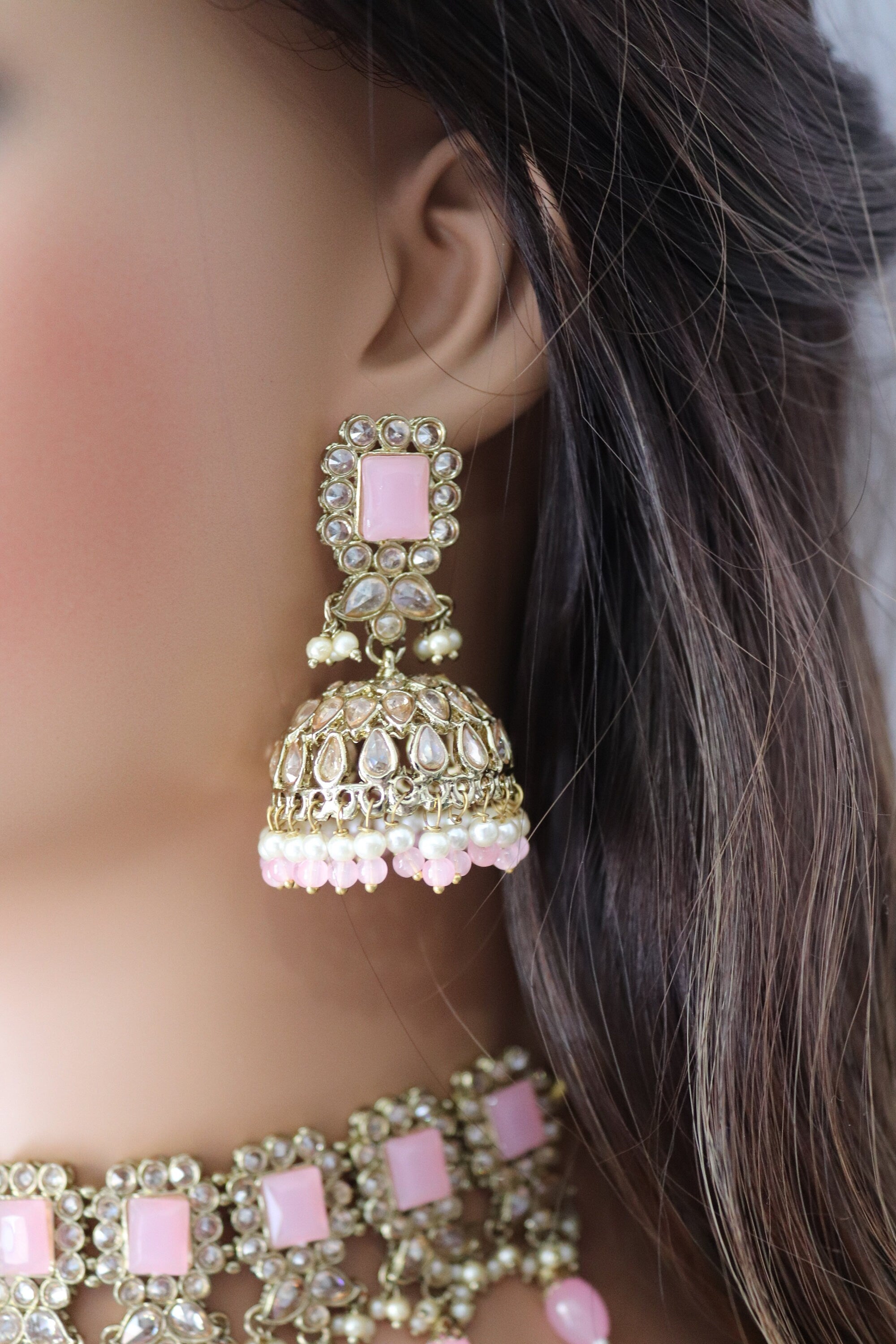 Indian Pakistani online necklace earrings set polki kundan pink