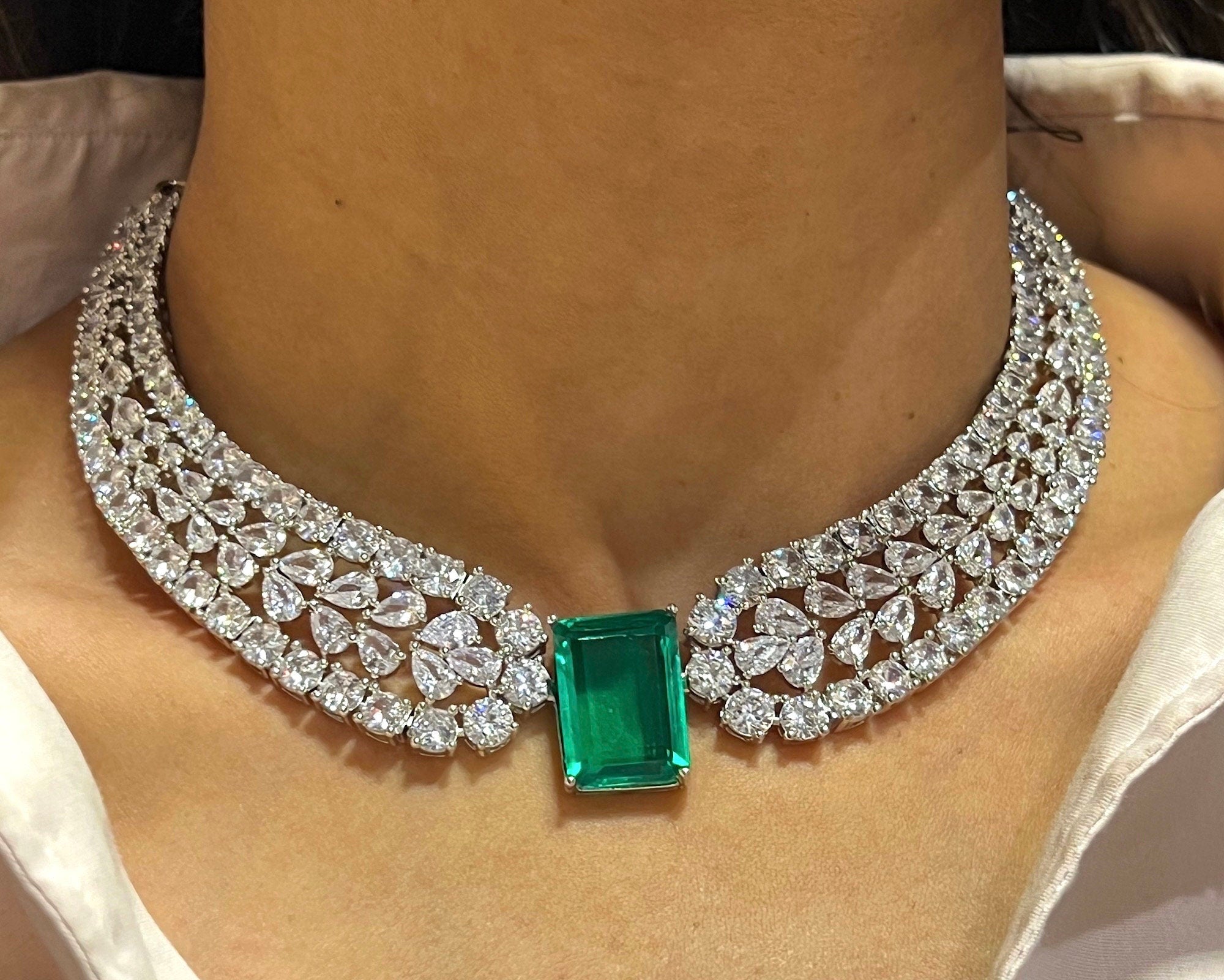 Sold Out Christie Emerald Diamond Necklace | CZ Necklace | American Diamond Necklace | Statement Jewelry | Statement Necklace | Indian