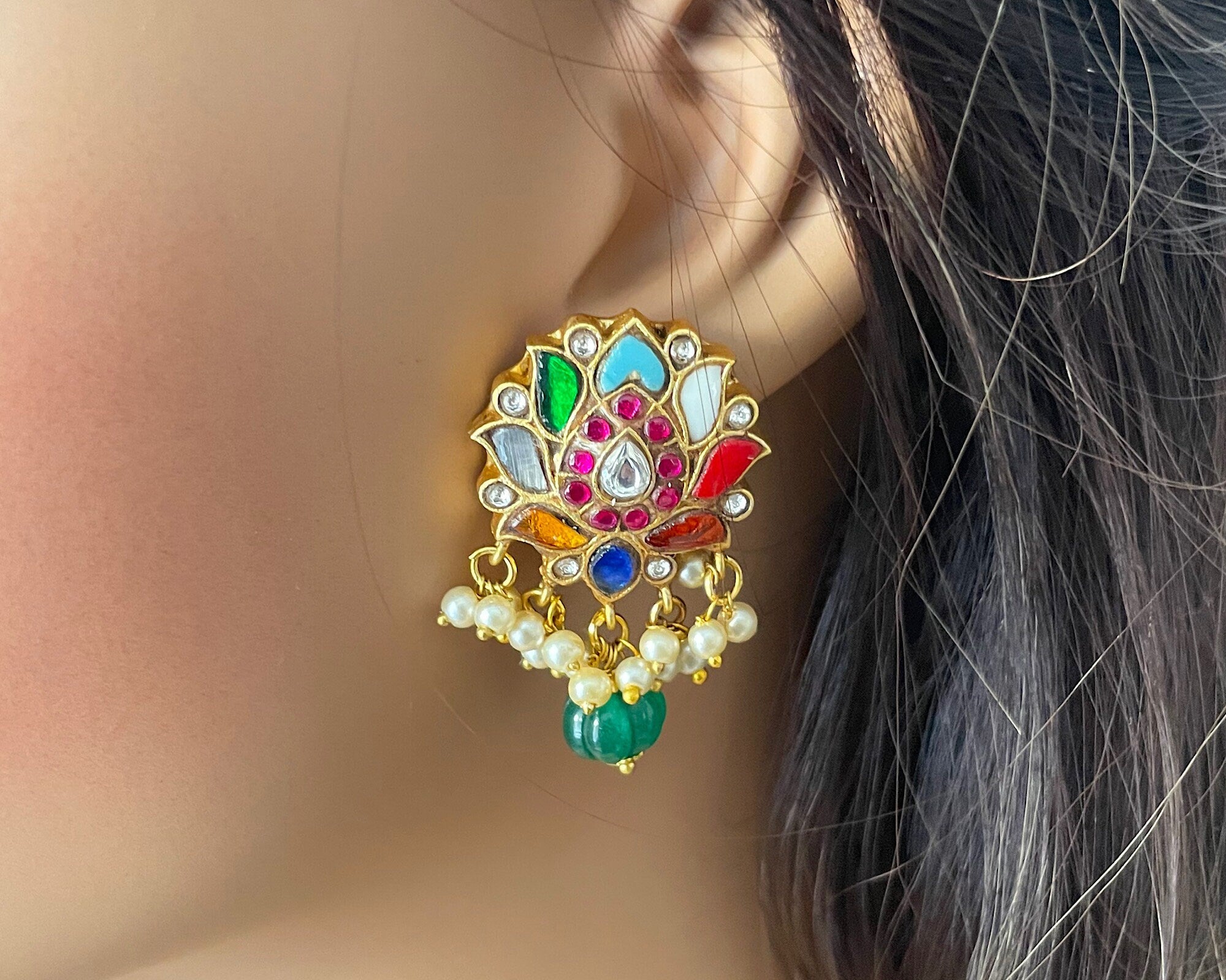 Navratan Stones Kundan Studs/ Indian Jewelry/ Indian Earrings/ Kundan Earrings/ Kundan Jewelry/ Jewelry/ Navratan Studs