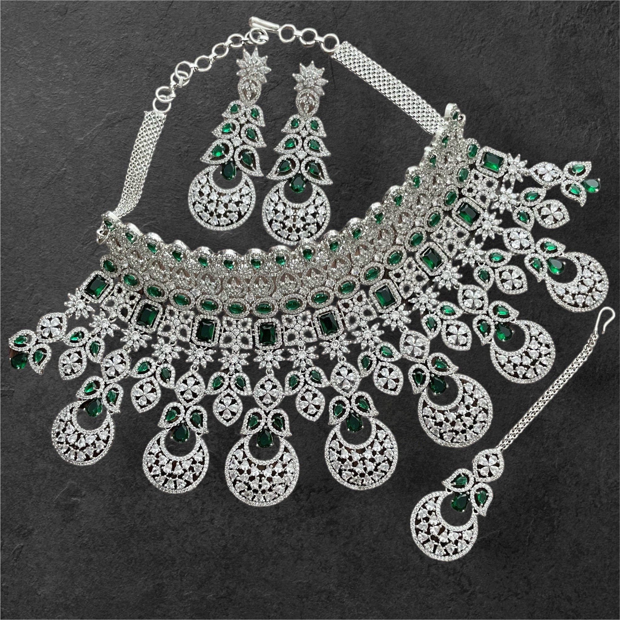 Noor Emerald Diamond CZ Necklace Indian Bridal Jewelry Indian Jewelry Emerald Diamond Necklace American Diamond Necklace Set CZ