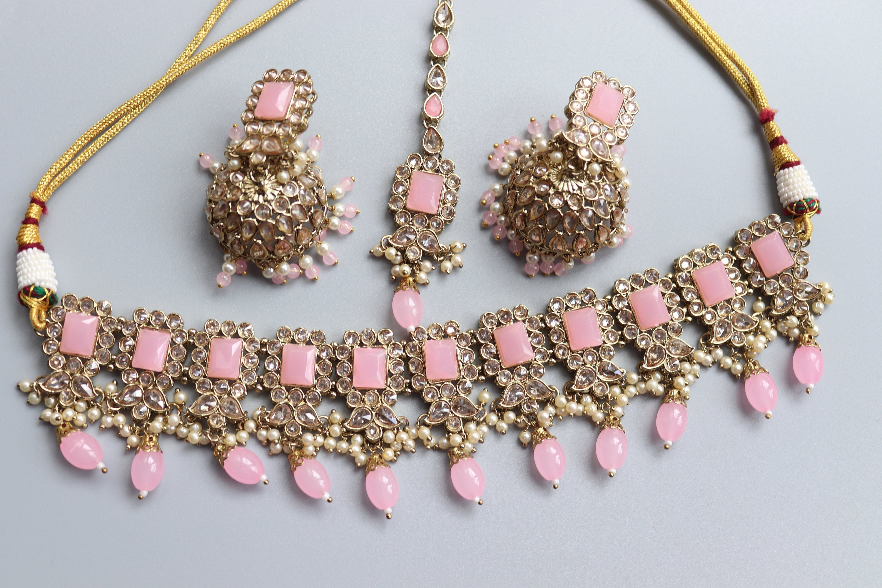 Indian Pakistani good necklace earrings set polki kundan pink