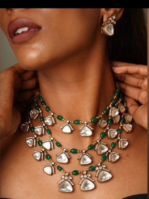 Mosonite Emerald Three Layer Necklace Indian Necklace Long Necklace Indian Jewelry Pakistani Jewelry Green Long Necklace