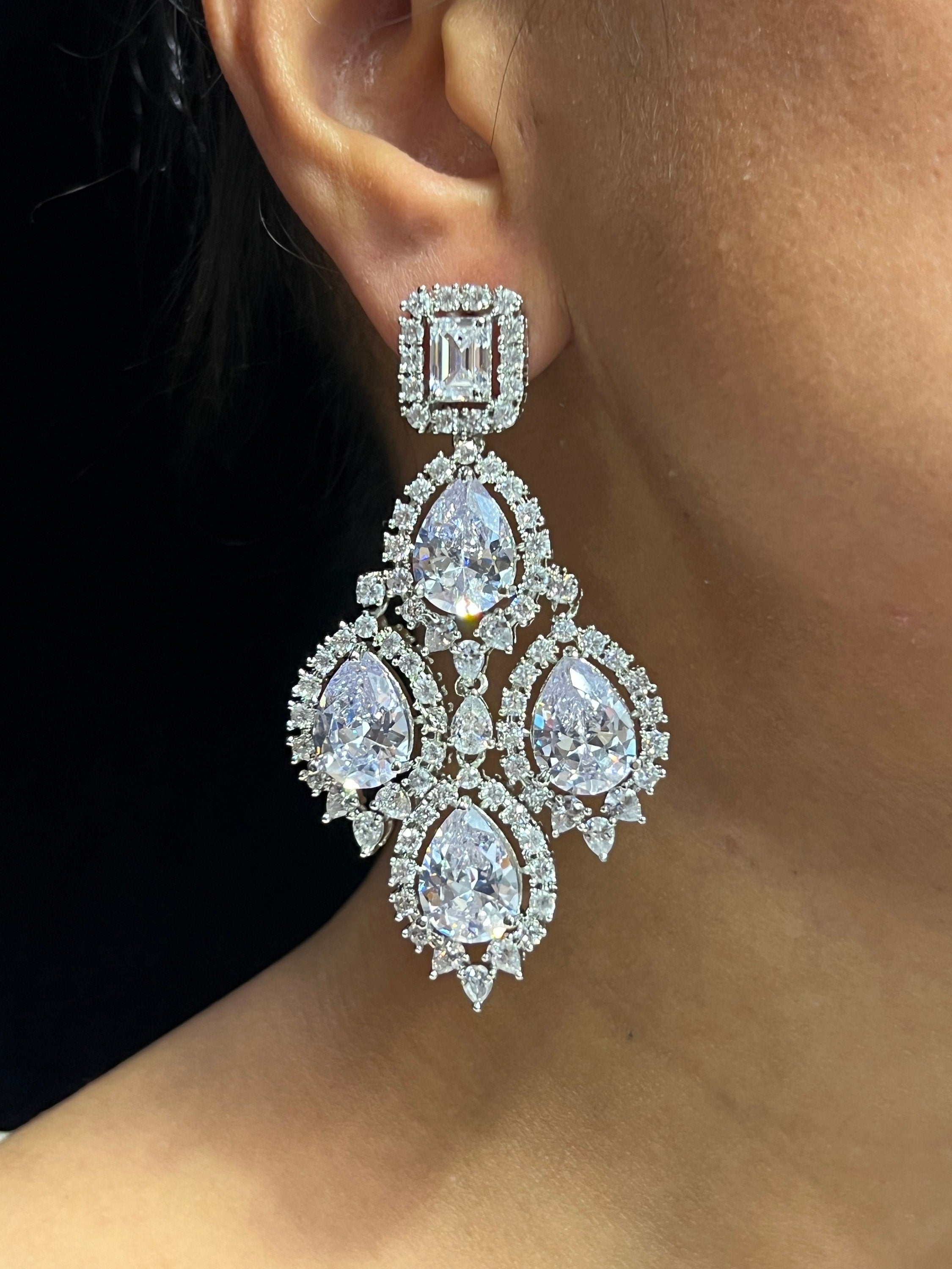 Cia CZ Diamond Chandelier Earrings/ Indian Earring / Indian Jewelry/ Pakistani Jewelry / American Diamond Earrings/ CZ Earrings/