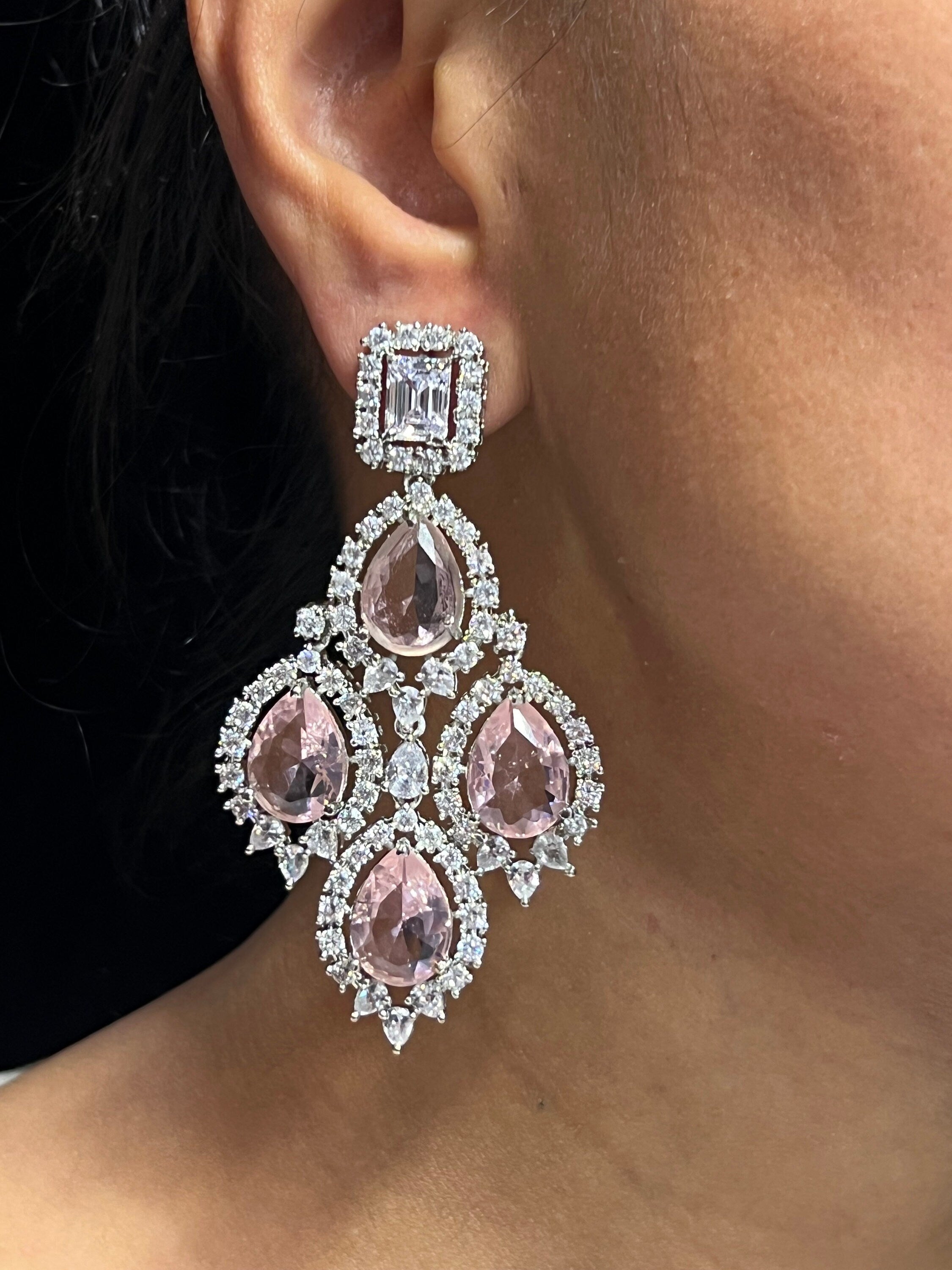 Cia Pink CZ Diamond Chandelier Earrings/ Indian Earring / Indian Jewelry/ Pakistani Jewelry / American Diamond Earrings/ CZ Earrings/