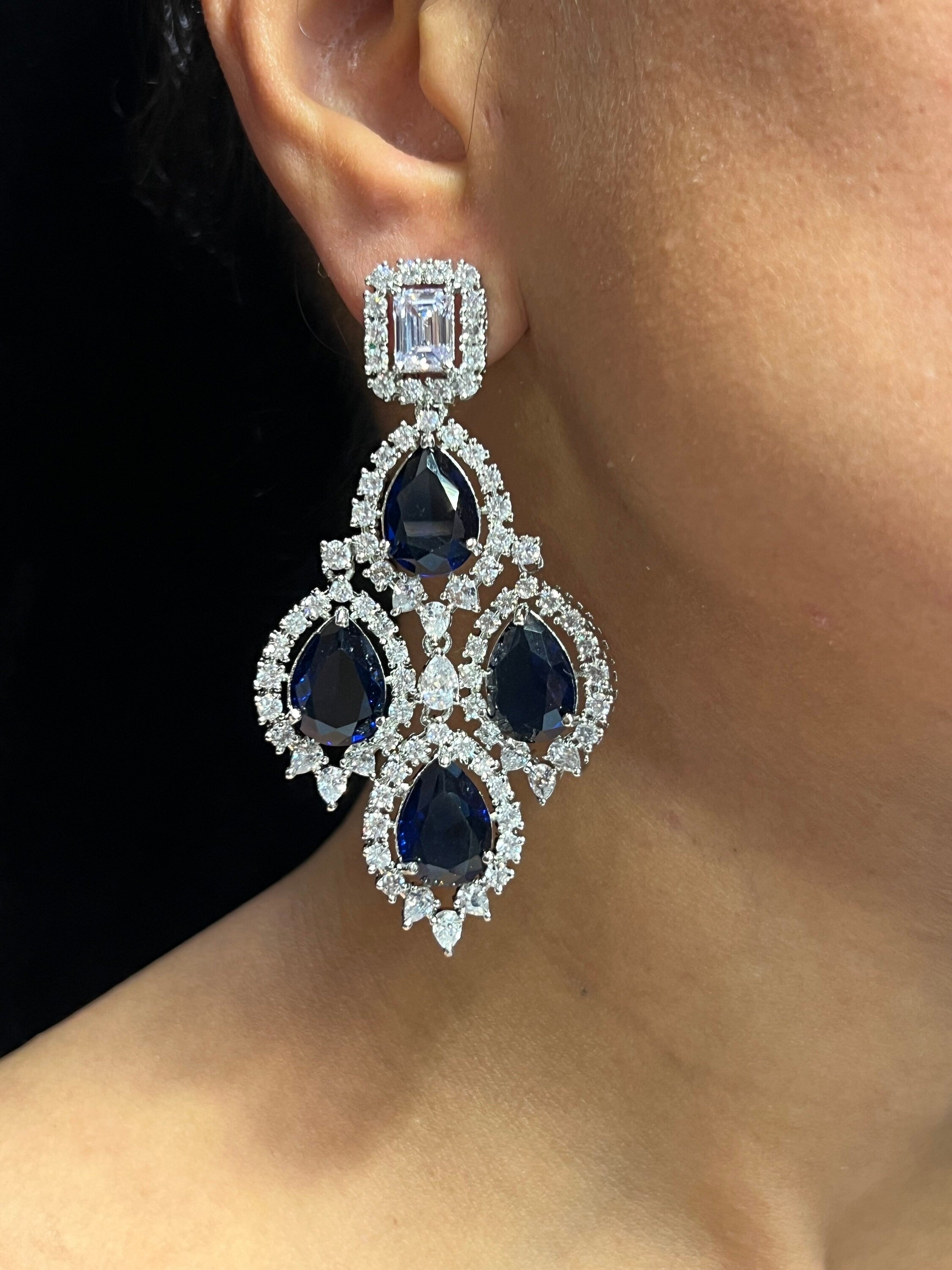 Cia Sapphire Baguette CZ Diamond Chandelier Earrings/ Indian Earring / Indian Jewelry Pakistani Jewelry American Diamond Earrings CZ Earring