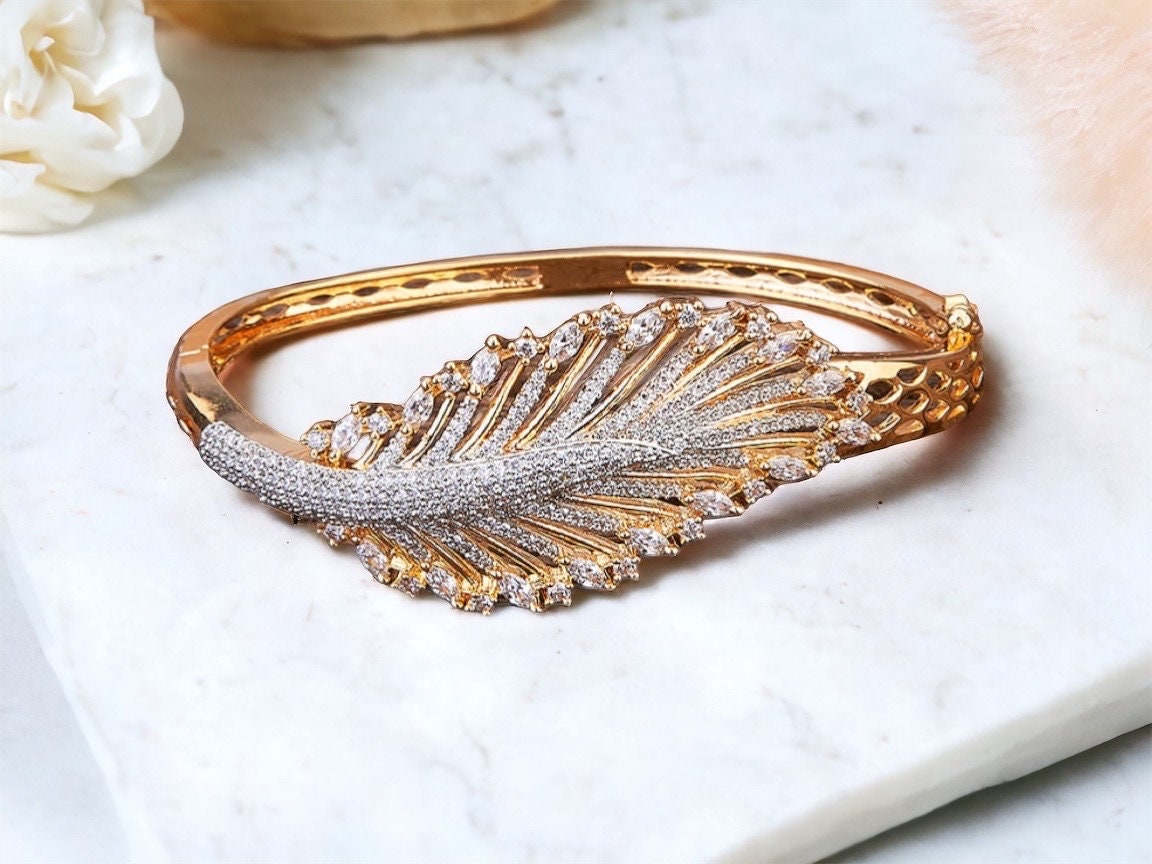 CZ Feather Bracelet/ Indian Bracelet/ Statement Jewelry/ Indian Jewelry/ Peacock jewelry/ Indian Bangle/ Kada/ Bollywood jewelry/