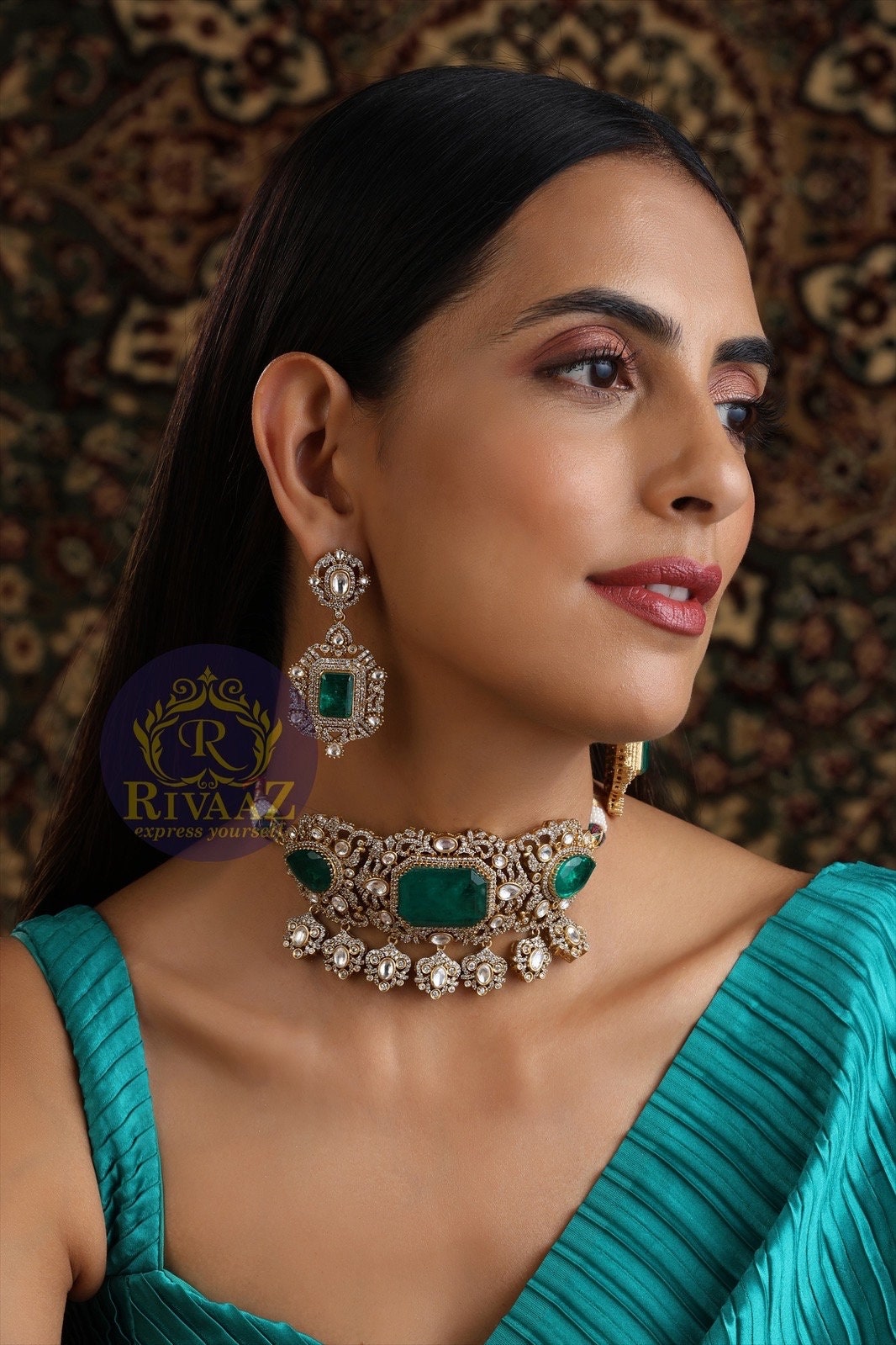 Stylish Victorian Sabyasachi Choker | Deepika Padukone outlet Choker | Emerald Choker | Indo Western Choker | Victorian Choker Bollywood Jewelryset