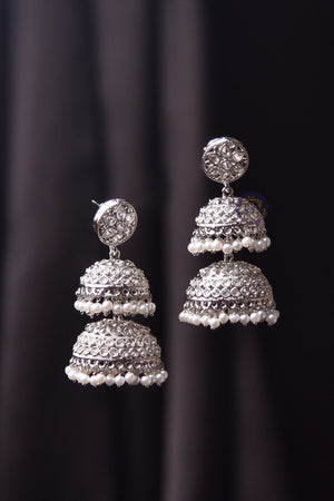 Silver Polki Jhumkas Lightweight Indian Jewelry Long Jhumka Earrings Indian Wedding Silver Earrings Bollywood Jewelry Pakistani Jewelry