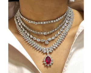 Ruby Multilayer Diamond CZ Necklace Statement Jewelry Statement Necklace American Diamond Necklace Indian Jewelry Necklace Set