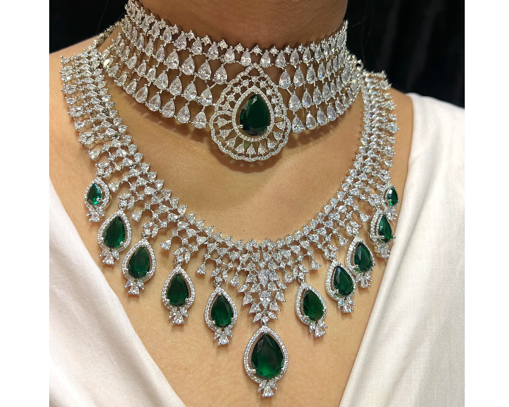 Nisha Emerald Diamond Silver Long Short Necklace with Earrings Indian Jewelry Pakistani Jewelry Bollywood Jewelry CZ Necklace