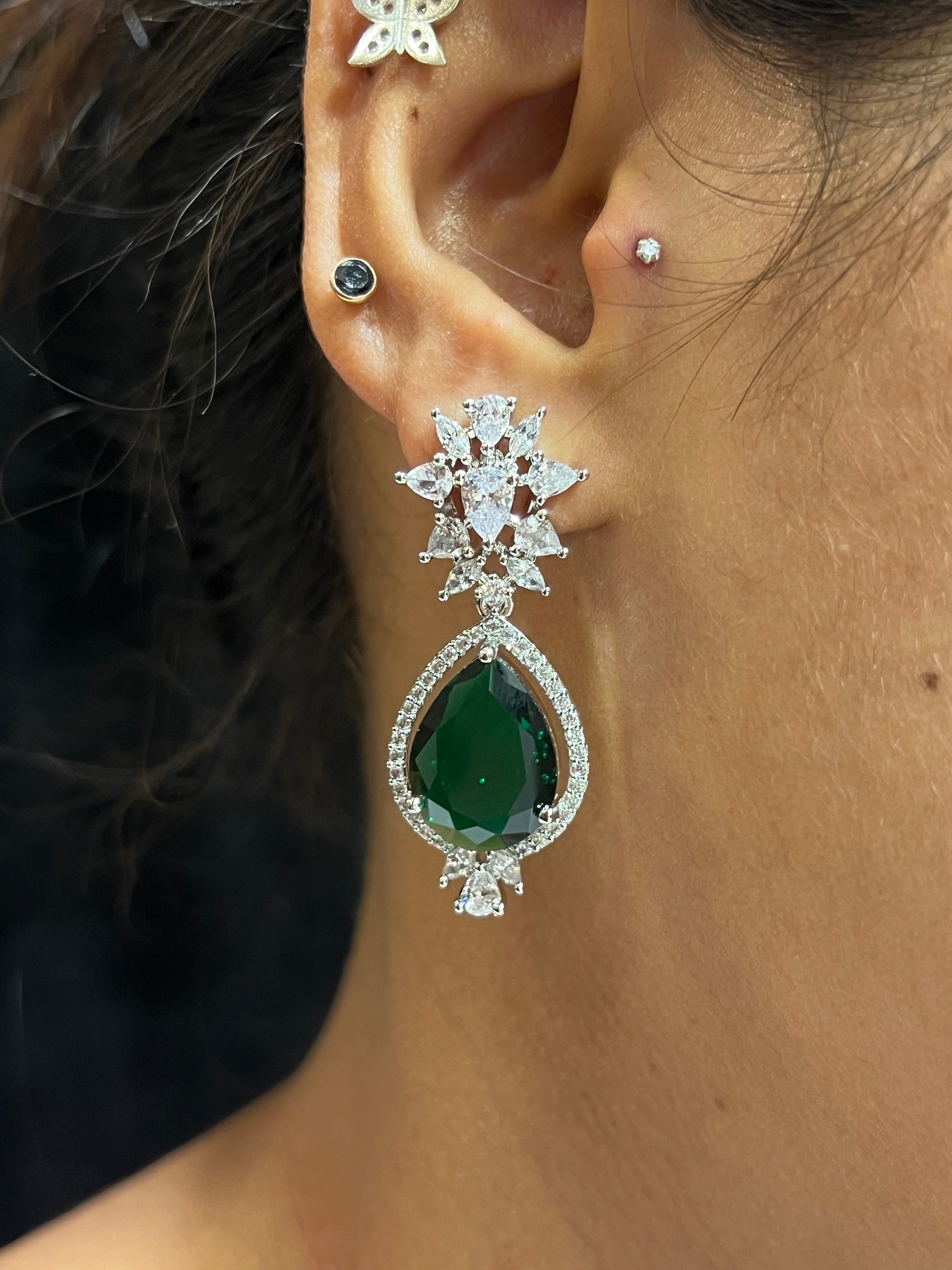 Nisha Emerald Diamond Silver Long Short Necklace with Earrings Indian Jewelry Pakistani Jewelry Bollywood Jewelry CZ Necklace