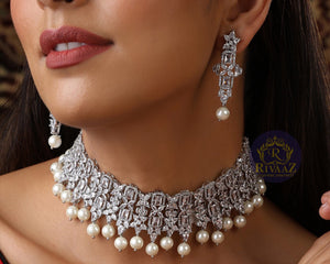 Silver Diamond CZ Pearl Choker Necklace American Diamond Necklace Indian Jewelry Pakistani Jewelry Indian Choker Punjabi Jewelry