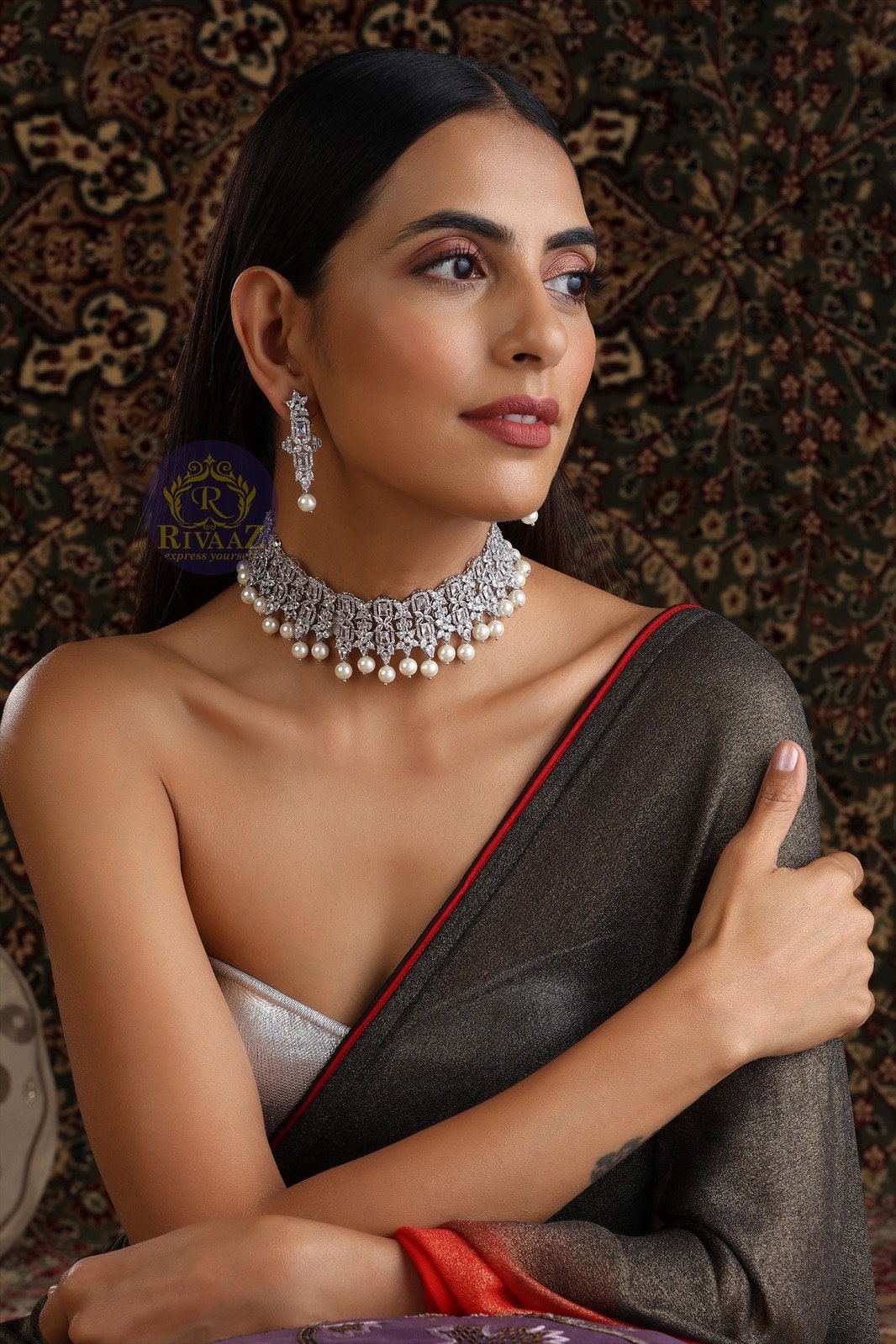 Silver Diamond CZ Pearl Choker Necklace American Diamond Necklace Indian Jewelry Pakistani Jewelry Indian Choker Punjabi Jewelry