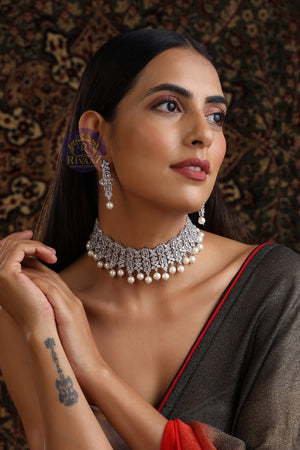 Silver Diamond CZ Pearl Choker Necklace American Diamond Necklace Indian Jewelry Pakistani Jewelry Indian Choker Punjabi Jewelry