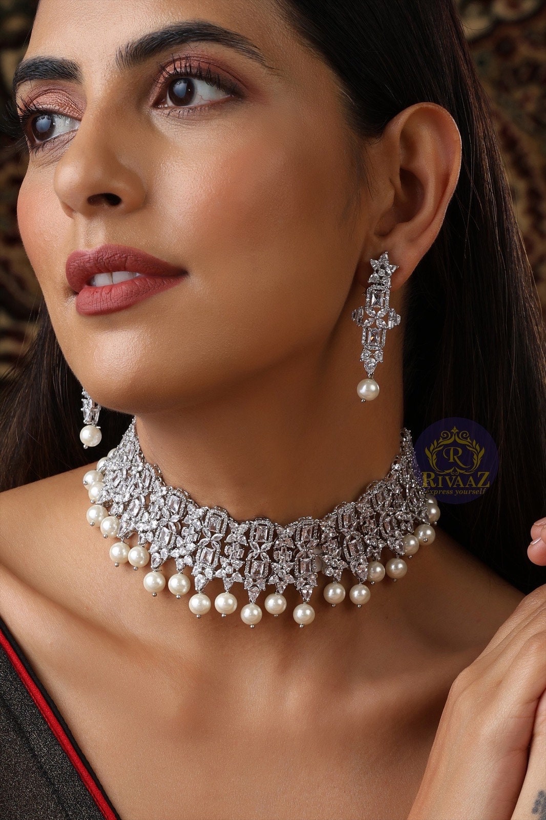 Silver outlet Pearl Diamond Choker Necklace/ Indian Jewelry/ Pakistani Necklace/ AD Jewelry/ Wedding CZ Pearl Necklace Set With Statement Earrings