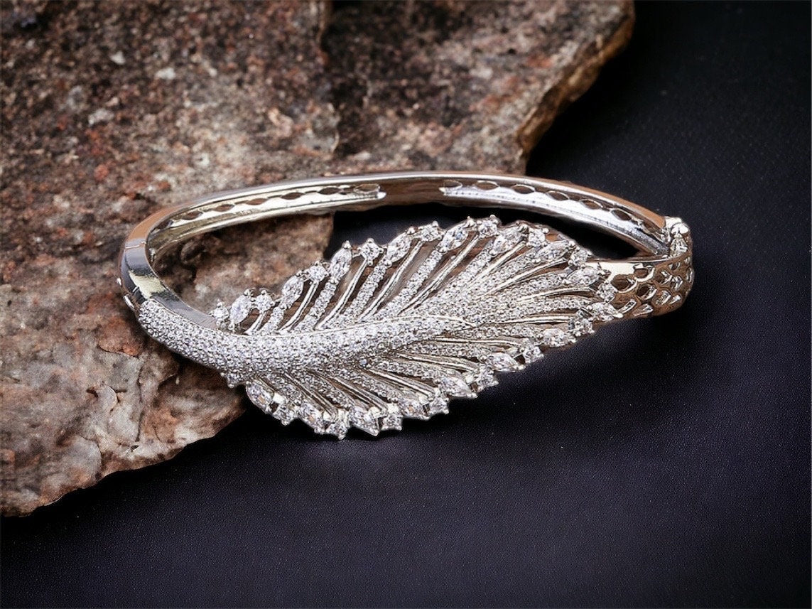 CZ Feather Bracelet/ Indian Bracelet/ Statement Jewelry/ Indian Jewelry/ Peacock jewelry/ Indian Bangle/ Kada/ Bollywood jewelry/