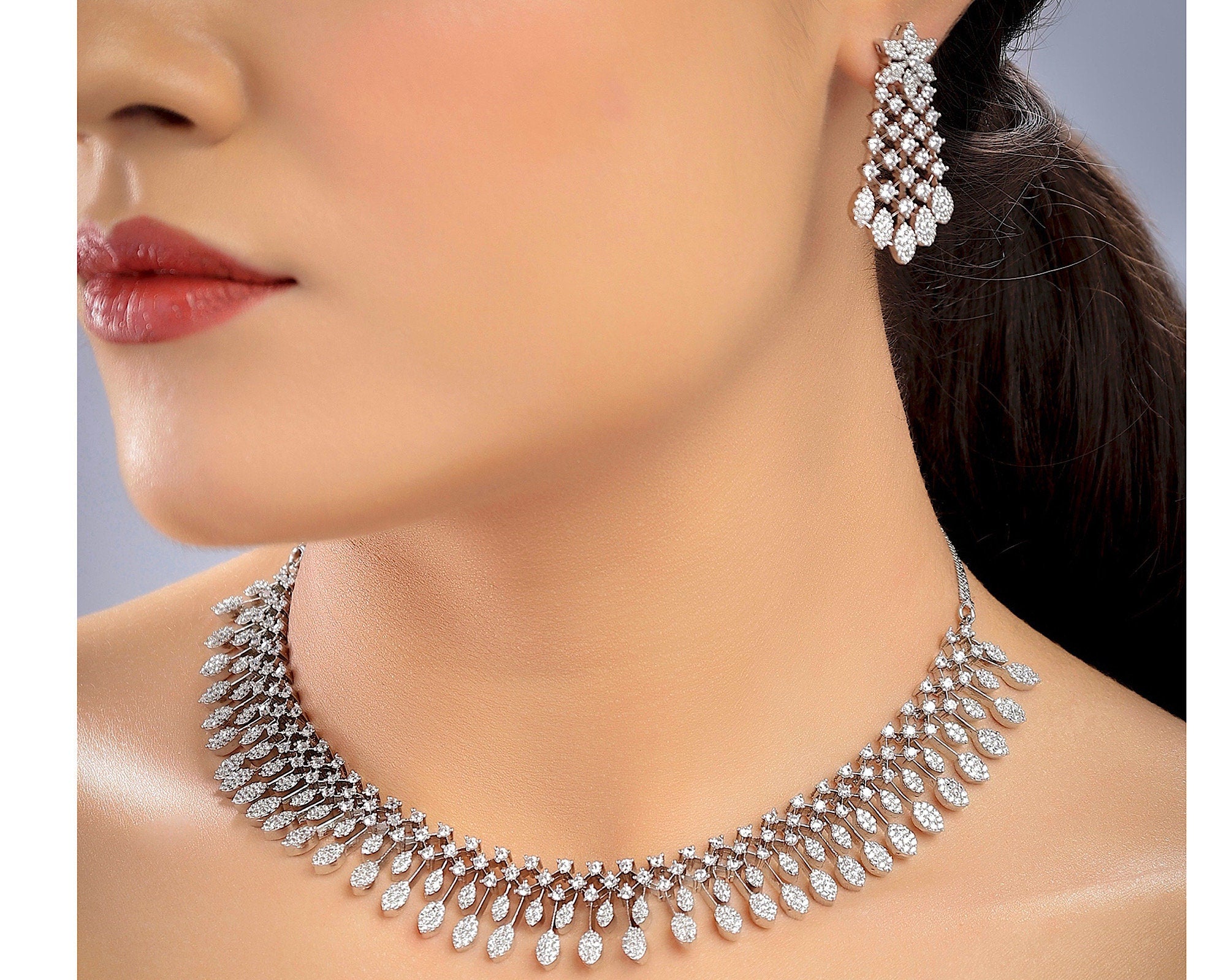 Silver Diamond Necklace / Statement Jewelry/ Statement Necklace/ Elegant Jewelry/ Unique Jewelry/ Indian Jewelry/ CZ Necklace