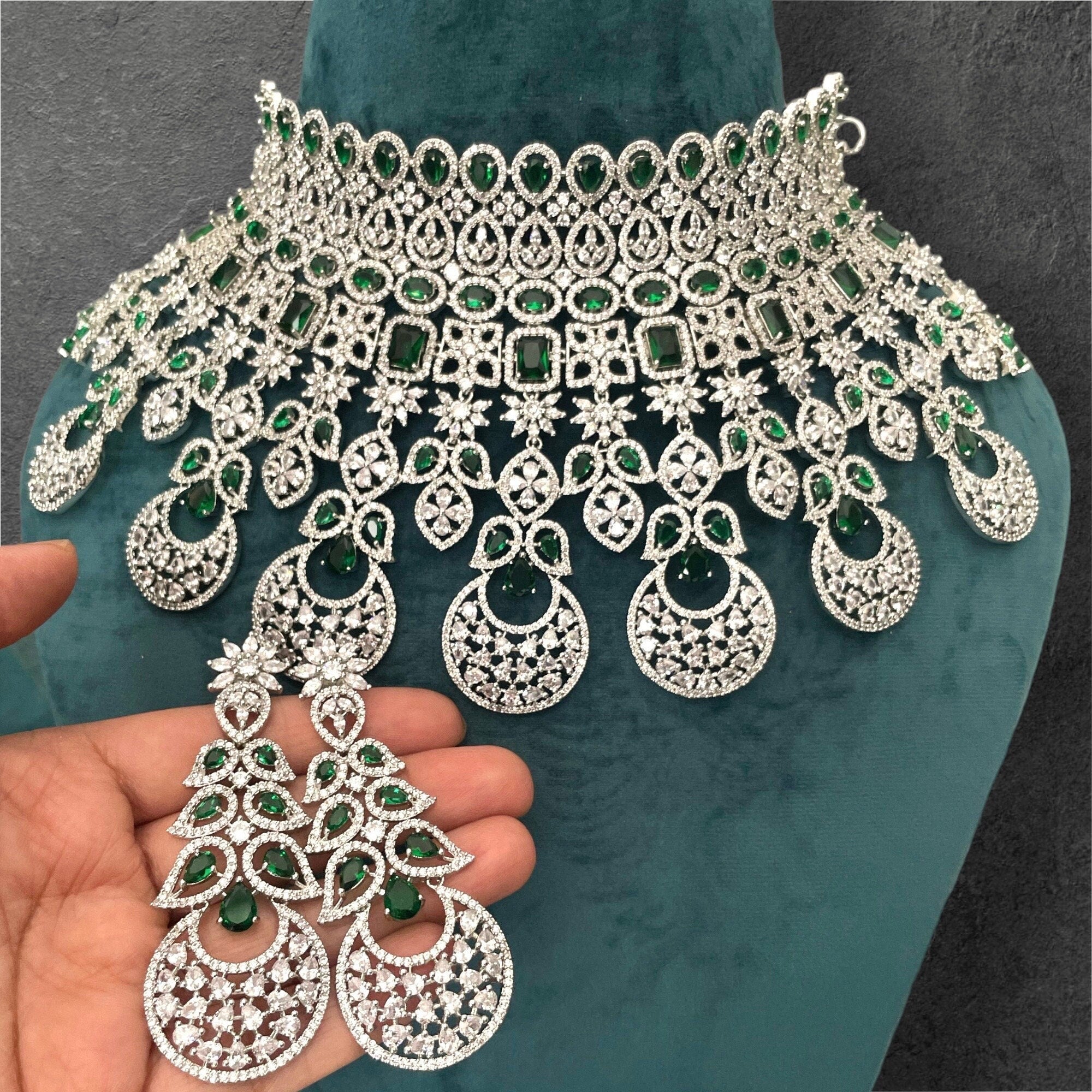 Noor Emerald Diamond CZ Necklace Indian Bridal Jewelry Indian Jewelry Emerald Diamond Necklace American Diamond Necklace Set CZ