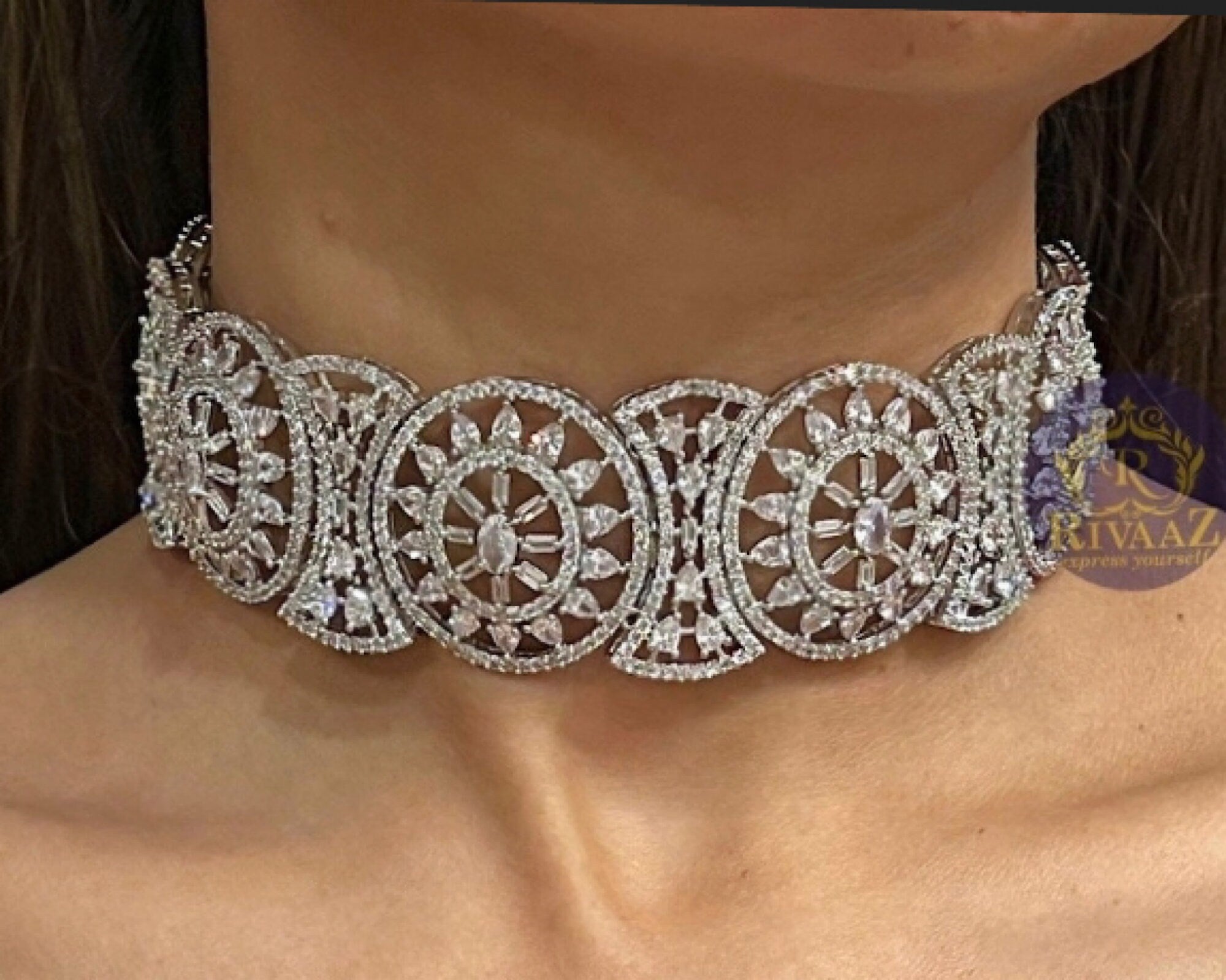 Silver Diamond Choker Necklace with earrings/ CZ Necklace/ Indian Necklace/ Indian jewelry/ Pakistani jewelry/ Bollywood jewelry/ Wedding