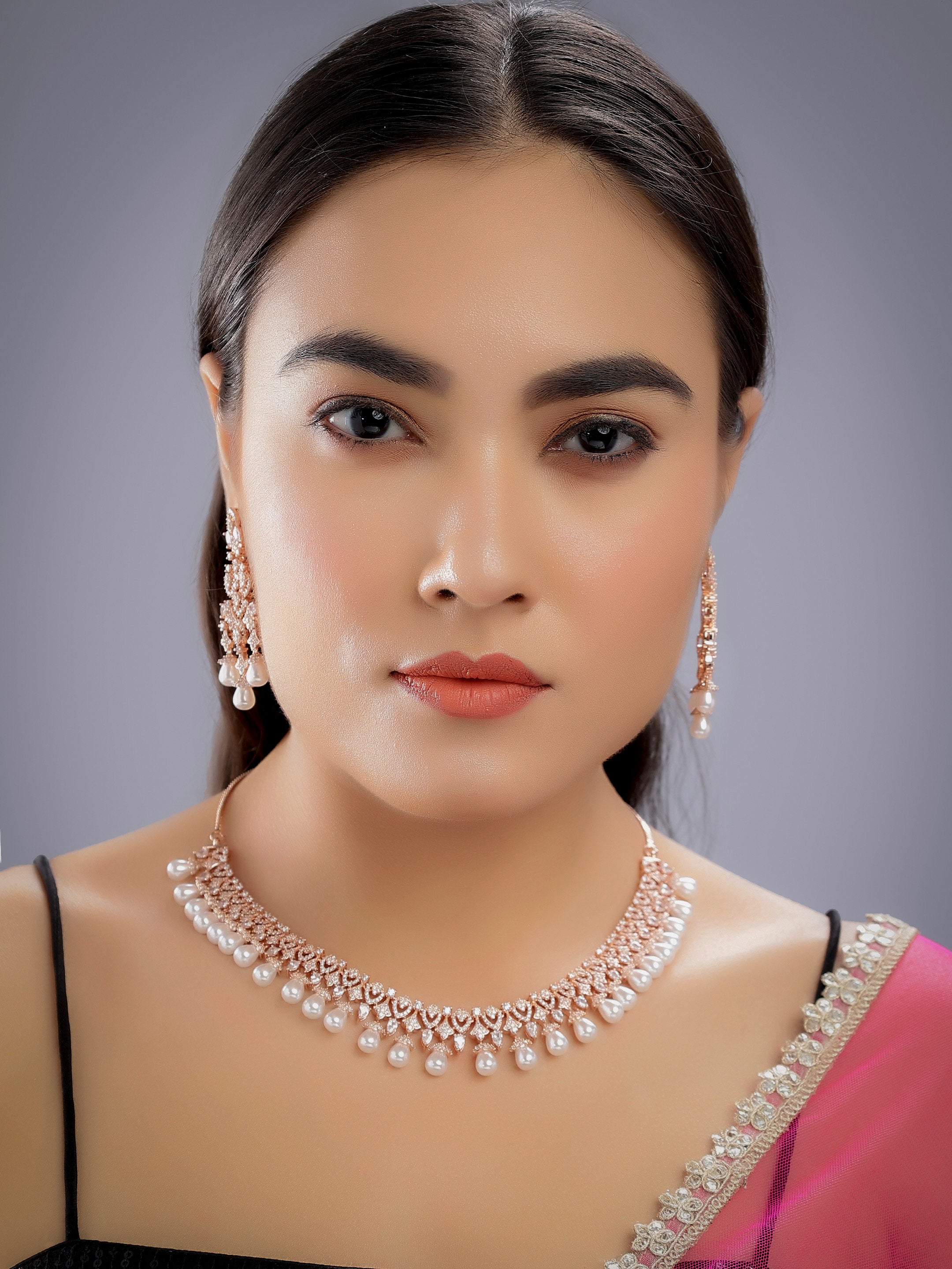 Rose Gold Pearl CZ Diamond Necklace with earrings / Indian jewelry/ CZ Choker/ Indian Necklace / Pakistani jewelry/ Bollywood jewelry