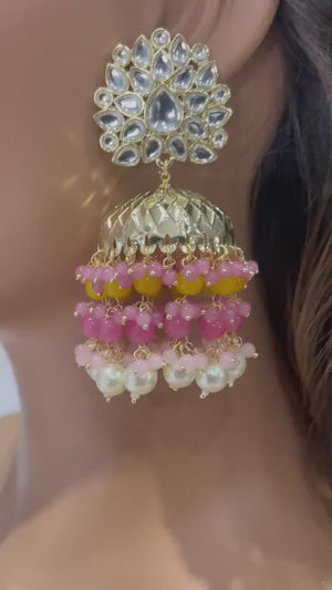 Yellow- Pink Jhumkas / Indian Jewelry / Pakistani Jewelry/ Indian Jhumka/ Gold Jhumka/ Jhumkas/ Punjabi Jewelry/ Jhumka