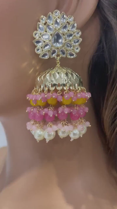 Yellow- Pink Jhumkas / Indian Jewelry / Pakistani Jewelry/ Indian Jhumka/ Gold Jhumka/ Jhumkas/ Punjabi Jewelry/ Jhumka