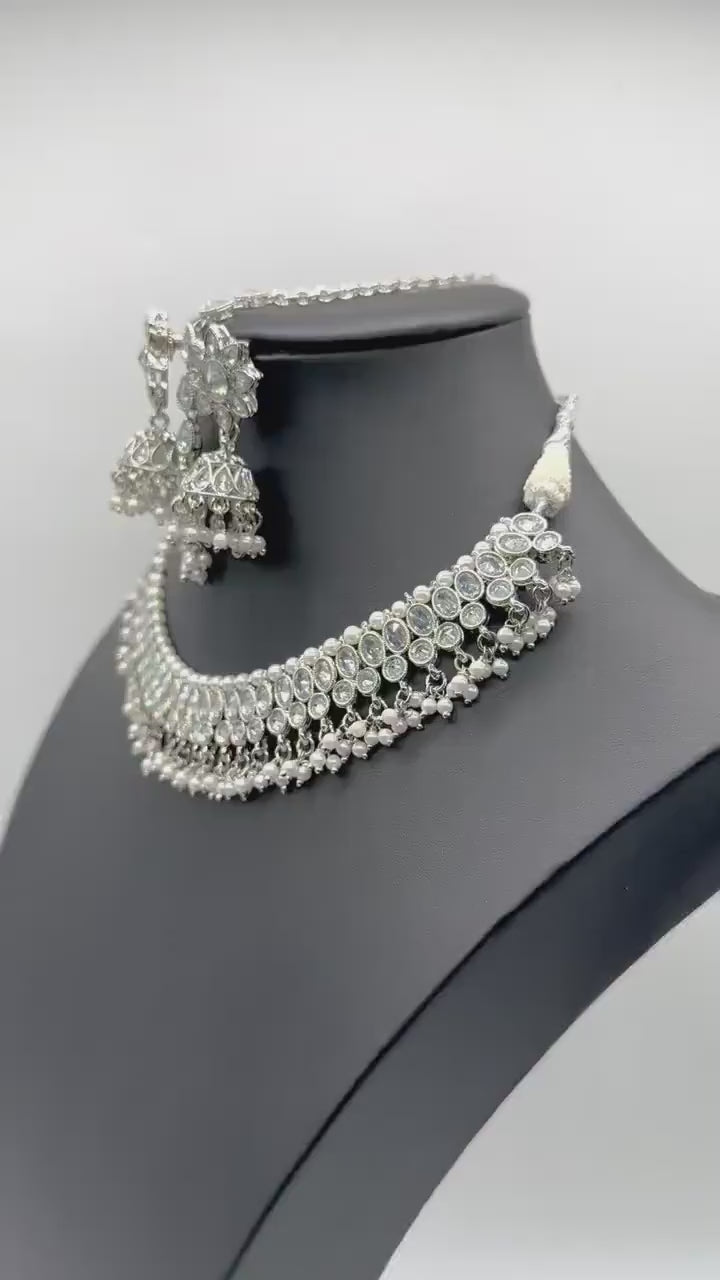 Zoe Silver Polki Necklace with Jhumkey and tikka / Silver Necklace with Tikka/ Indian Jewelry/ Bollywood Jewelry/ Pakistani Jewelry