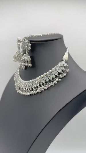 Zoe Silver Polki Necklace with Jhumkey and tikka / Silver Necklace with Tikka/ Indian Jewelry/ Bollywood Jewelry/ Pakistani Jewelry