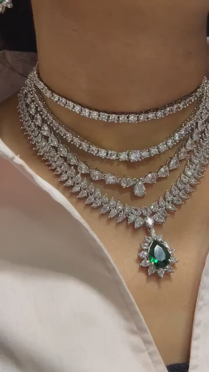 Emerald Multilayer Diamond CZ Necklace Statement Jewelry Statement Necklace American Diamond Necklace Indian Jewelry Necklace Set