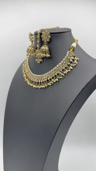 Zoe Gold Polki Necklace with Jhumkey and tikka / Antique Gold Necklace with Tikka/ Indian Jewelry/ Bollywood Jewelry/ Pakistani Jewelry